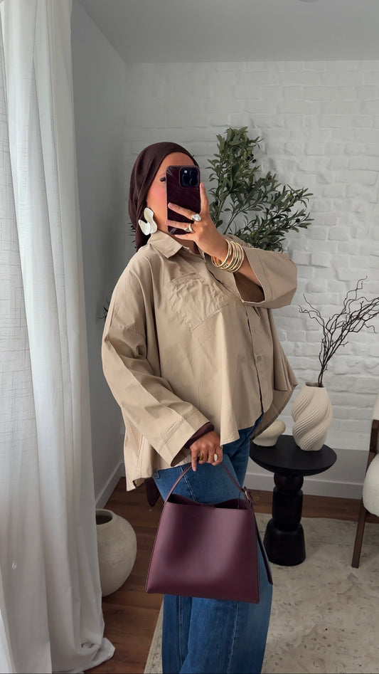 Chemise mi longue en coton | Taupe