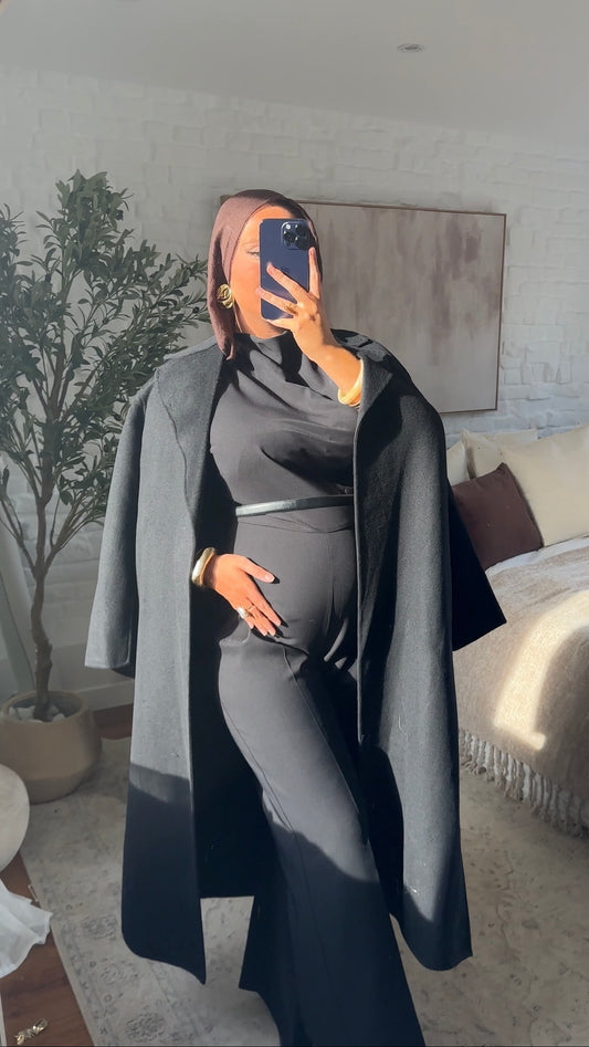 [GAMME PREMIUM] Manteau long en laine véritable fait main à ceinture | Noir