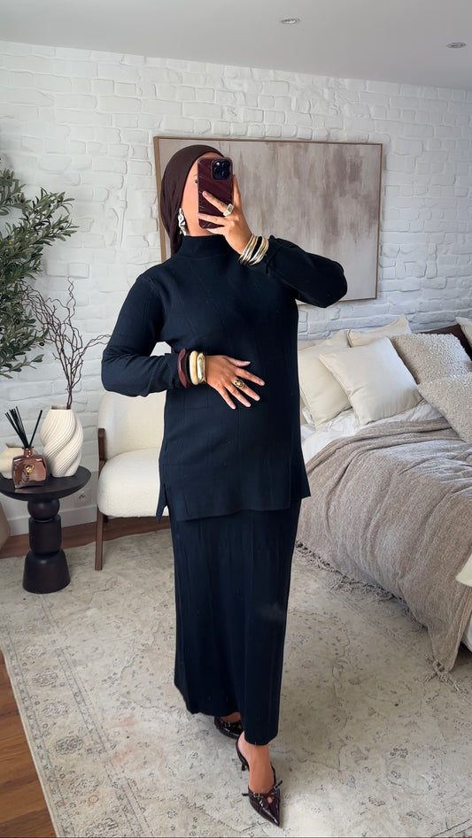 Ensemble comfy en maille à jupe longue et col montant | Noir