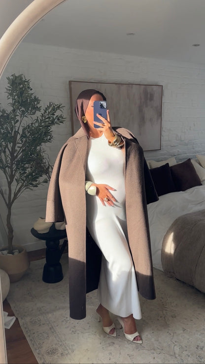 [GAMME LUXE] Manteau long en laine véritable fait main à ceinture | Marron