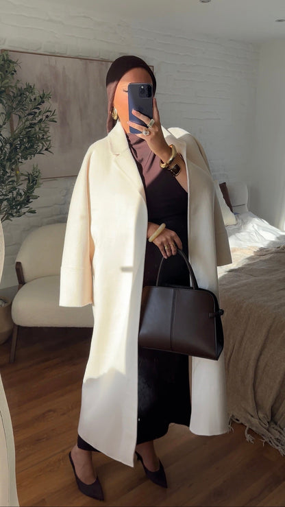 [GAMME PREMIUM] Manteau long en laine véritable fait main à ceinture | Écru