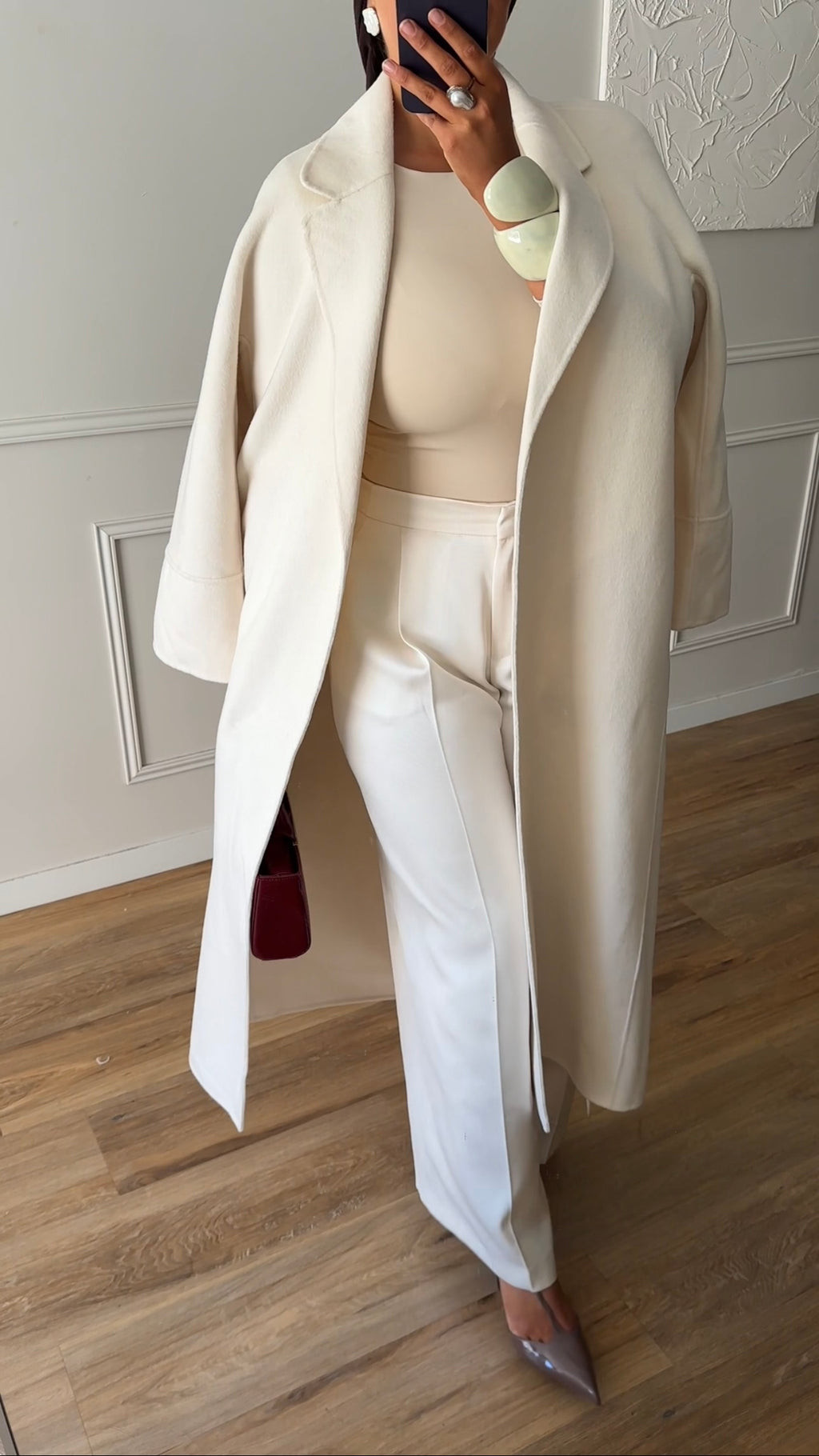 [GAMME PREMIUM] Manteau long en laine véritable fait main à ceinture | Écru