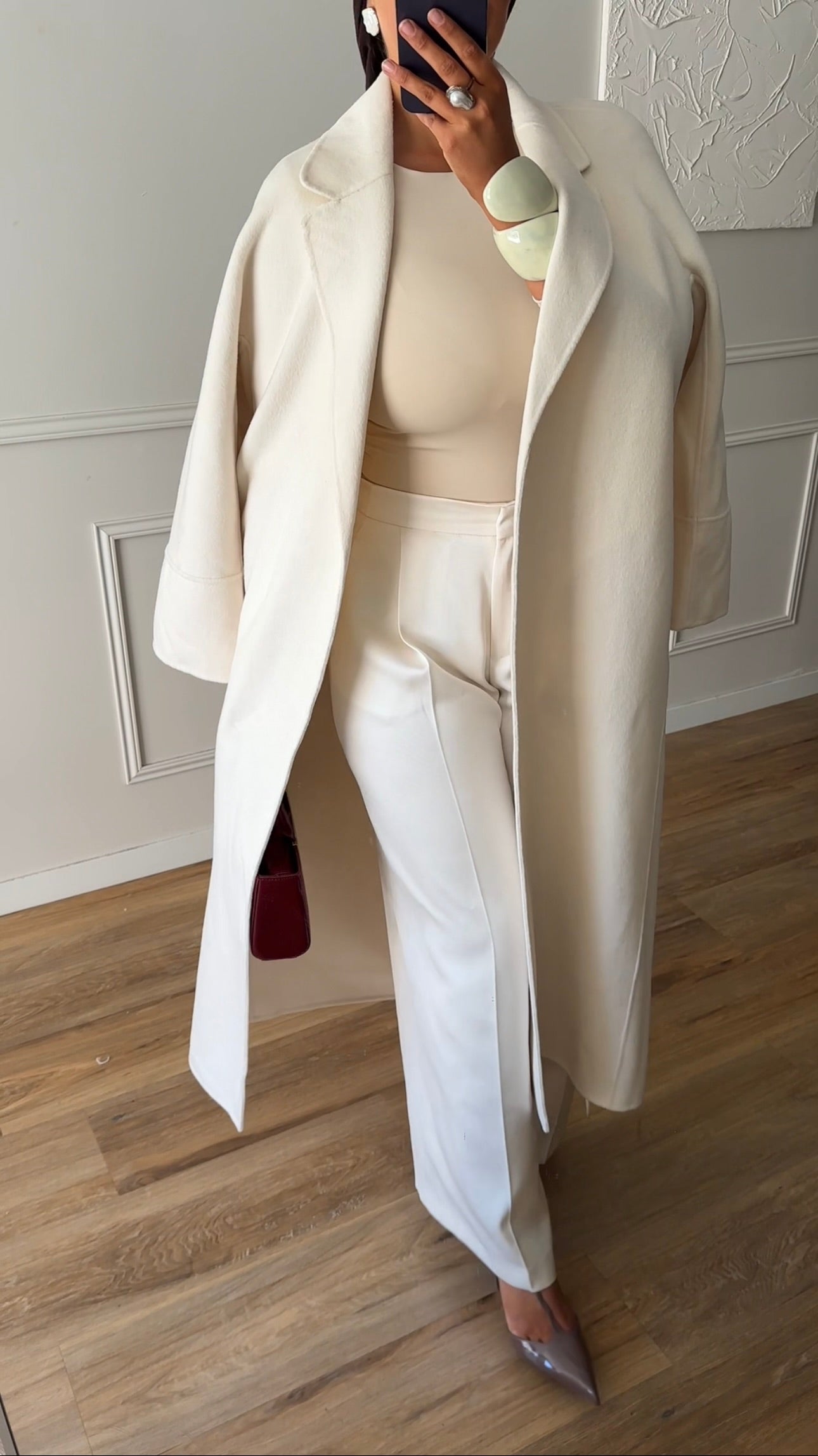[GAMME PREMIUM] Manteau long en laine véritable fait main à ceinture | Écru