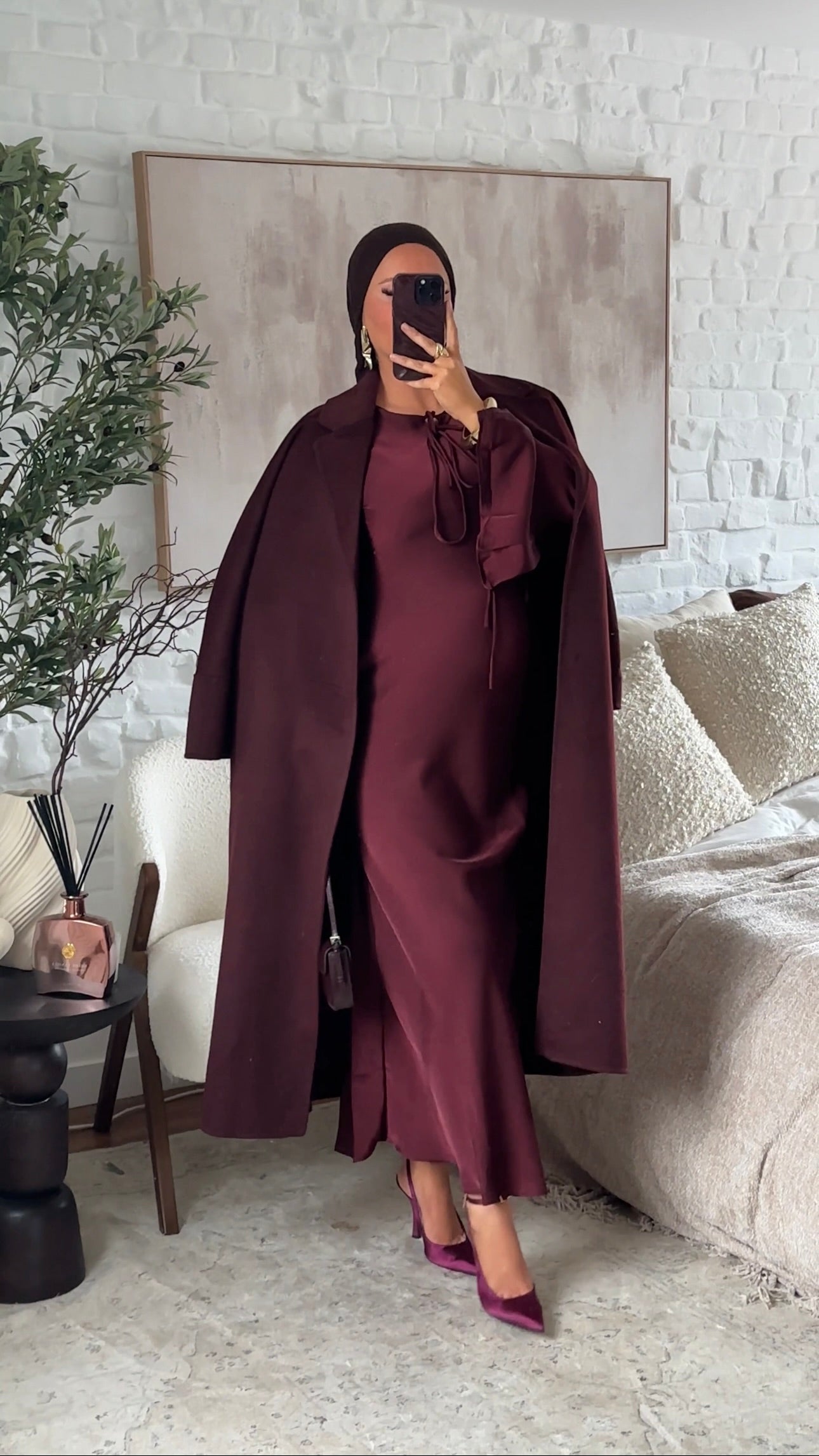 Robe ultra longue satinée à noeud Bordeaux | Pré-commande