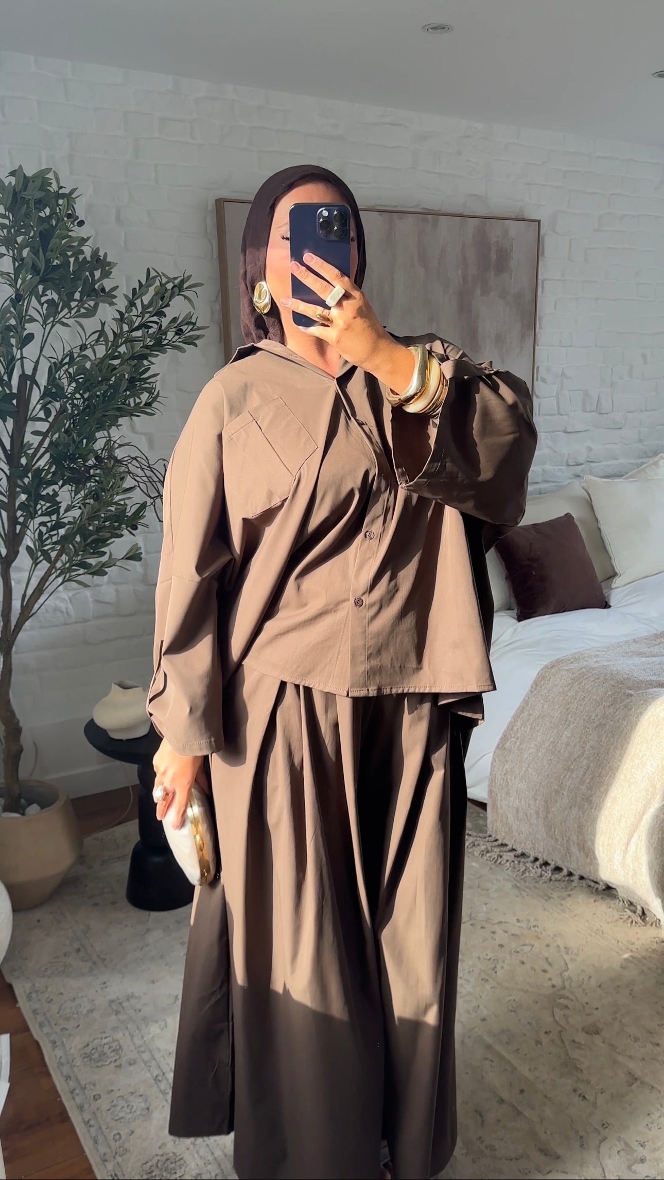 [GAMME LUXE] Chemise longue et large luxe en coton et satin | Marron