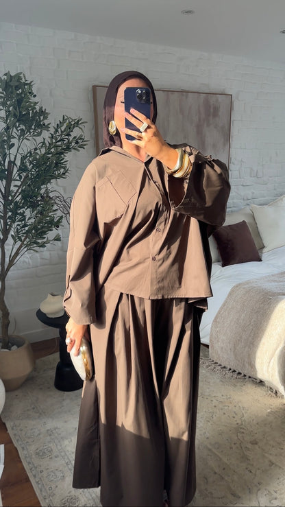 [GAMME LUXE] Chemise longue et large luxe en coton et satin | Marron