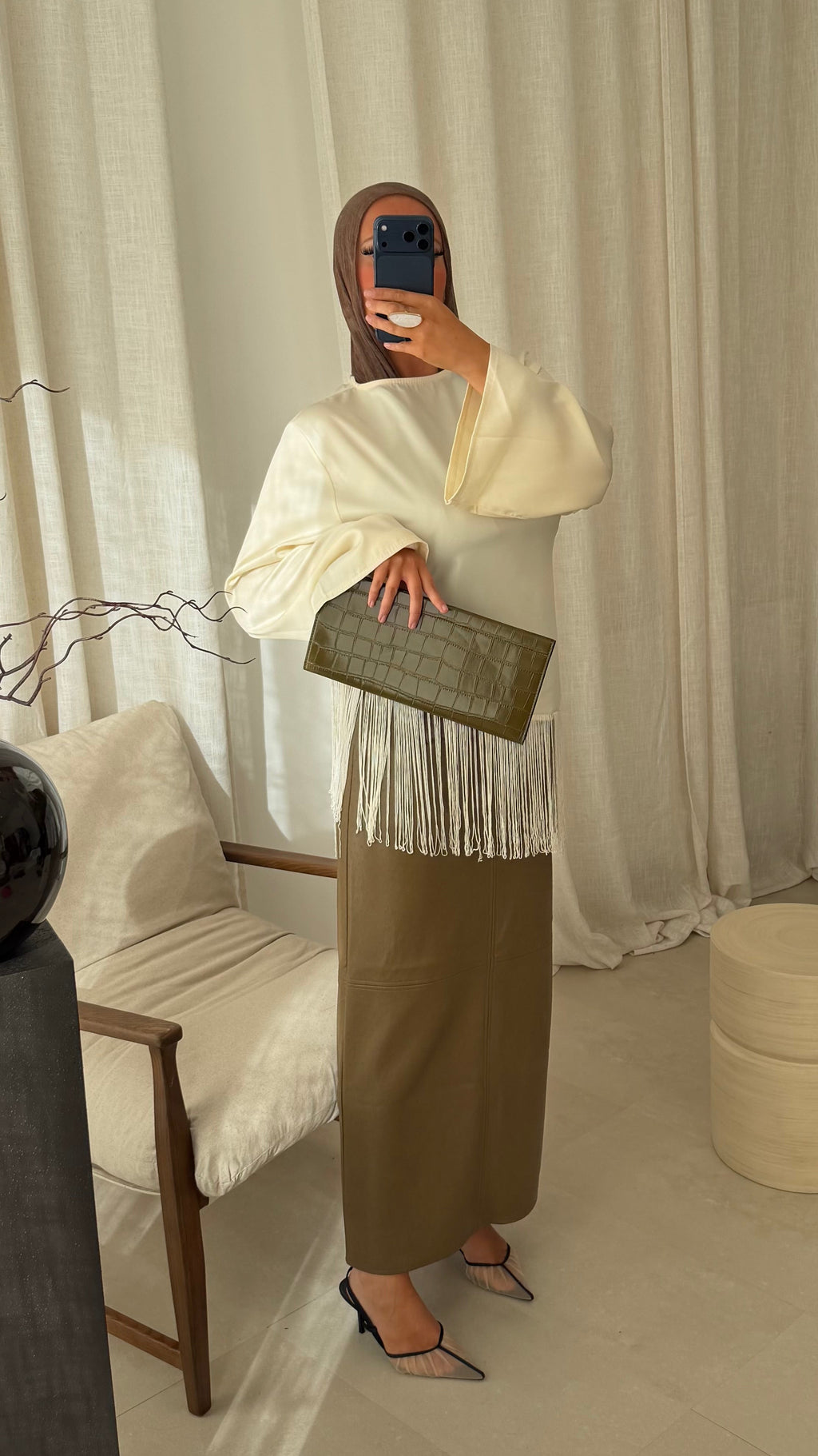 Haut satiné à franges | Crème