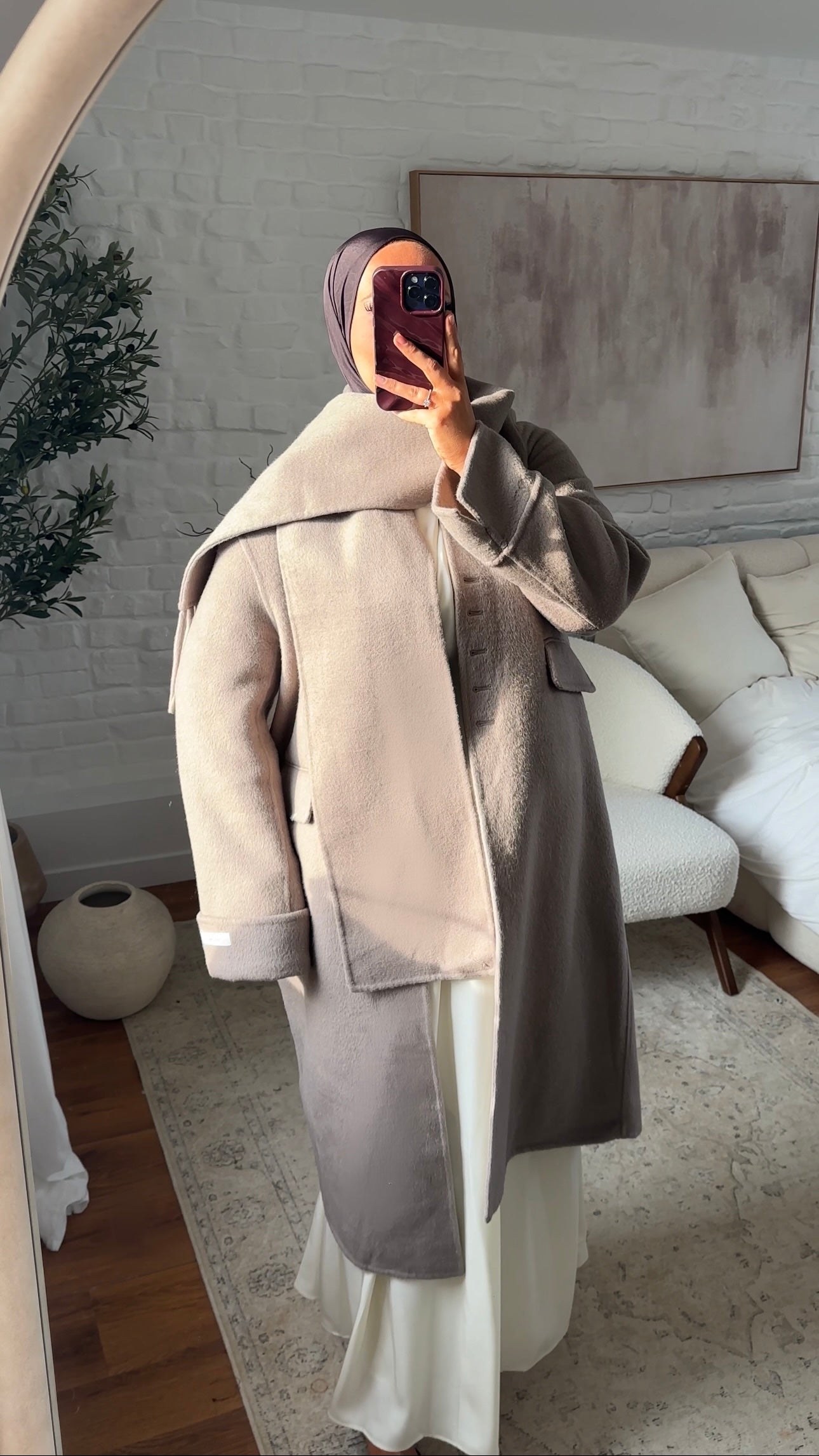 [GAMME LUXE] Manteau long ultra doux en laine véritable ultra chaud à écharpe | Beige