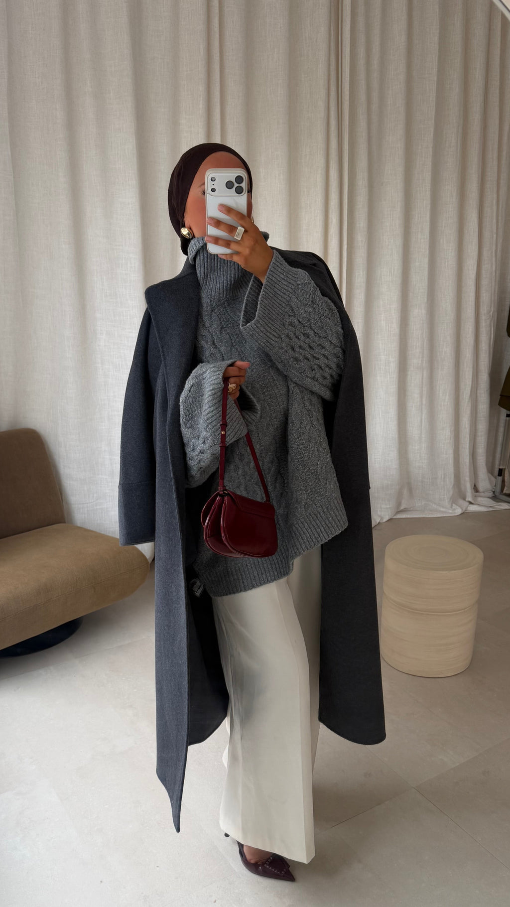 [GAMME PREMIUM] Manteau long en laine véritable fait main à ceinture | Gris