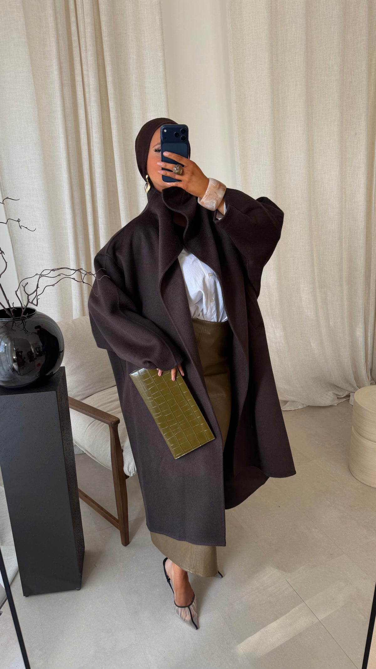 [GAMME LUXE] Manteau long cousu main en laine véritable GAYA | Marron