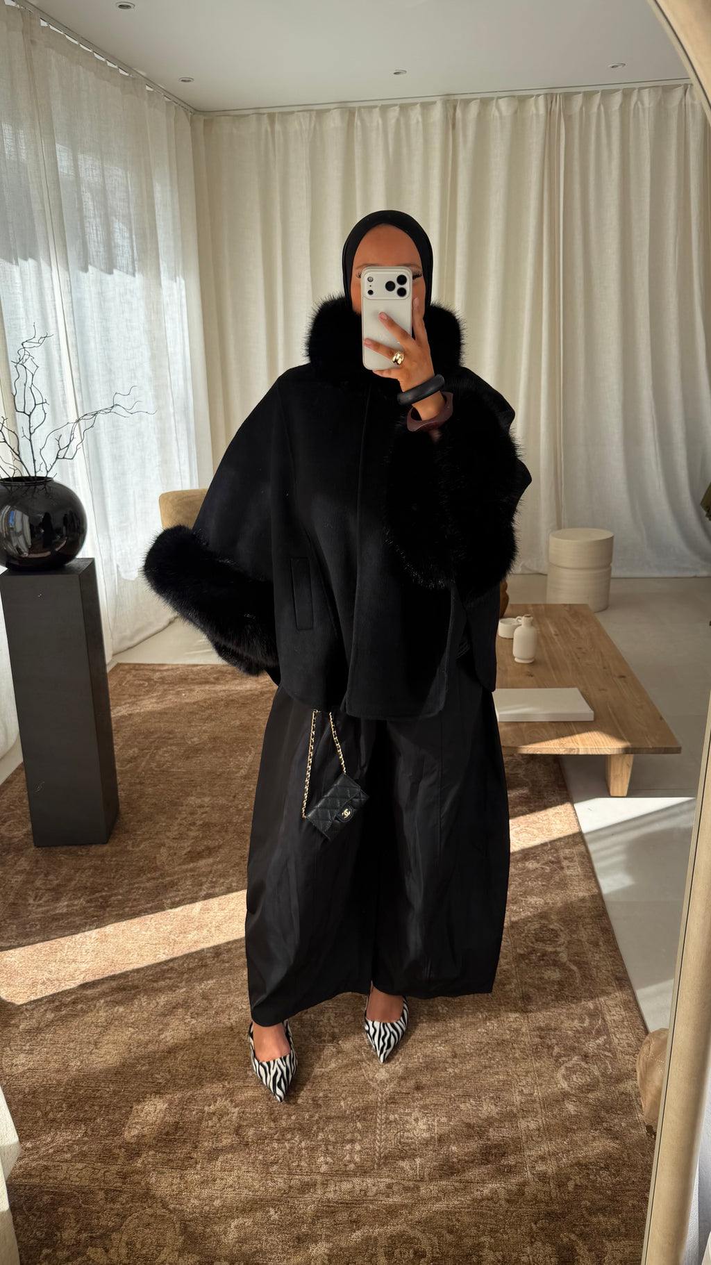 [GAMME LUXE] Manteau en laine à fourrure amovible cousu main | Noir