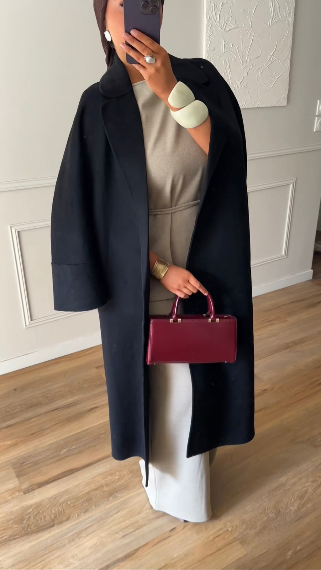 [GAMME PREMIUM] Manteau long en laine véritable fait main à ceinture | Noir