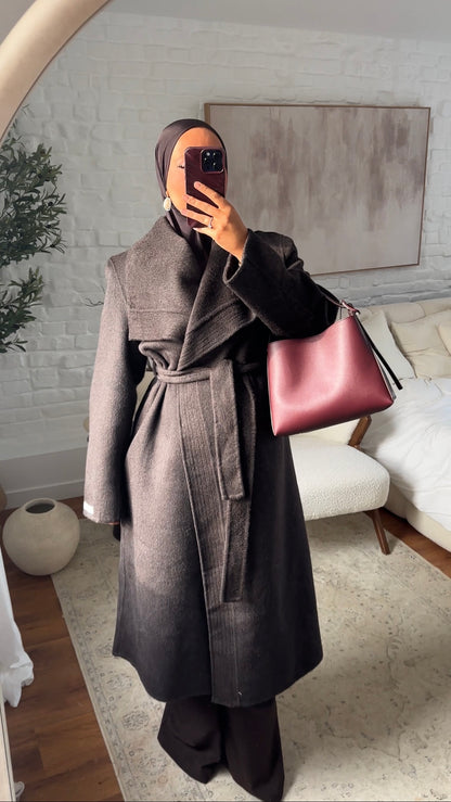[GAMME PREMIUM] Manteau long en laine véritable fait main à ceinture | Marron