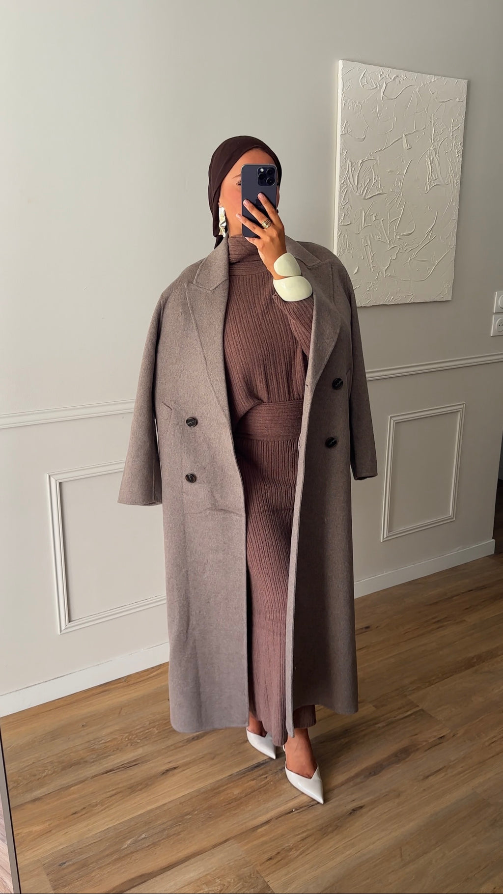 [GAMME PREMIUM] Manteau ultra long en laine véritable fait main | Taupe