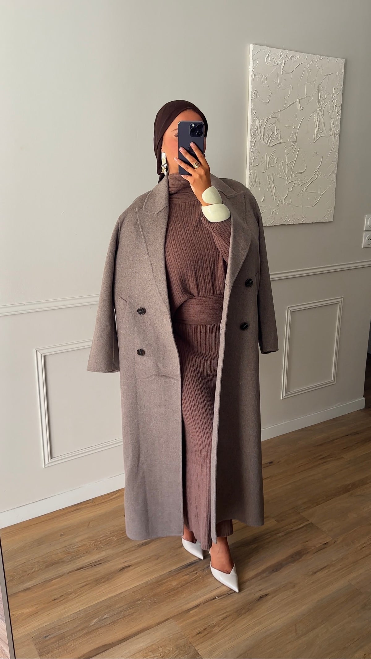 [GAMME PREMIUM] Manteau ultra long en laine véritable fait main | Taupe