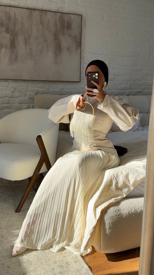 [GAMME PREMIUM] Ensemble deux pièces haut à nouer et jupe ultra longue ORIA | Crème