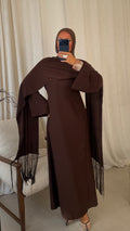 Robe ultra longue avec cape intégrée à franges | Marron