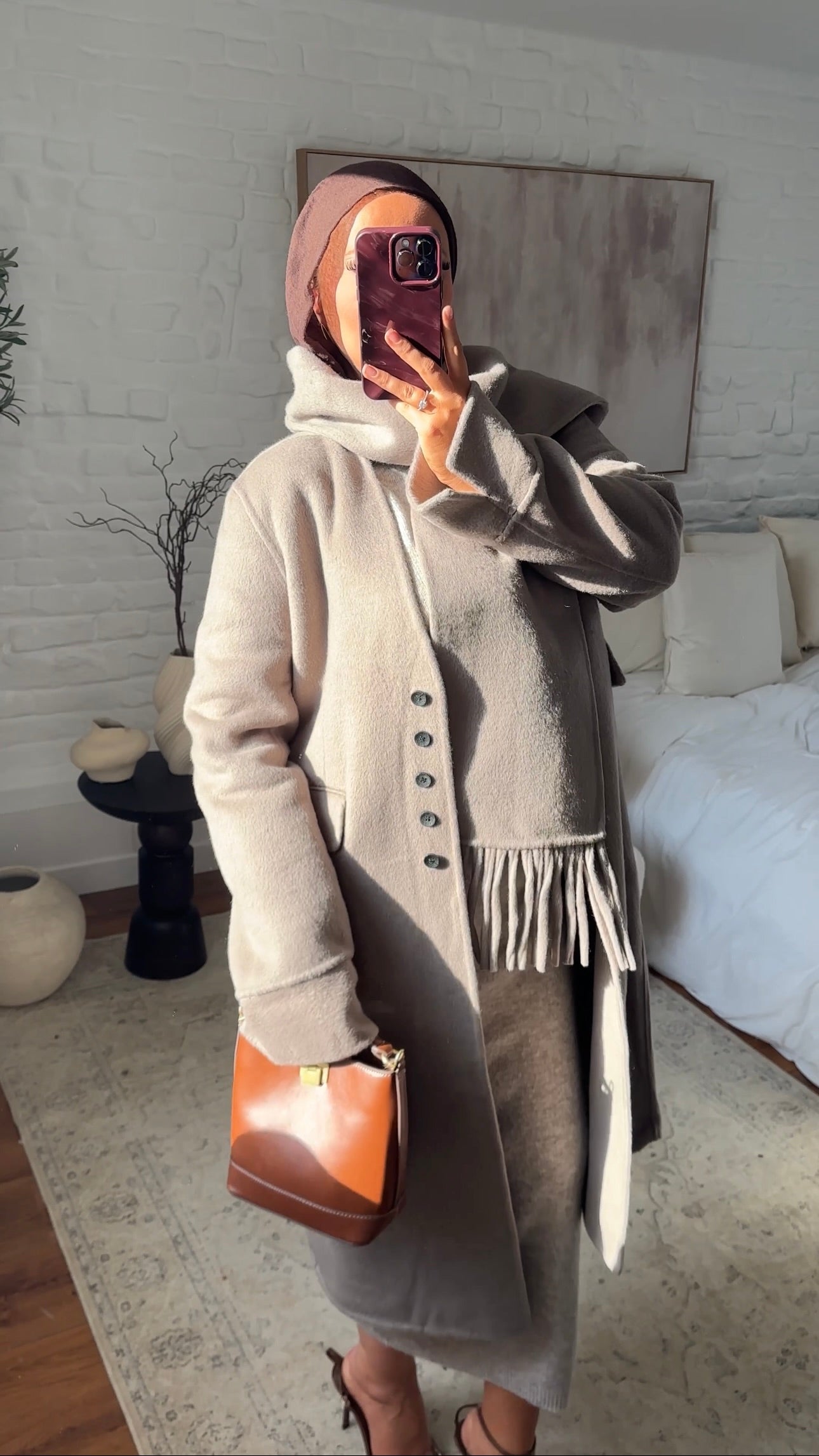 [GAMME LUXE] Manteau long ultra doux en laine véritable ultra chaud à écharpe | Beige