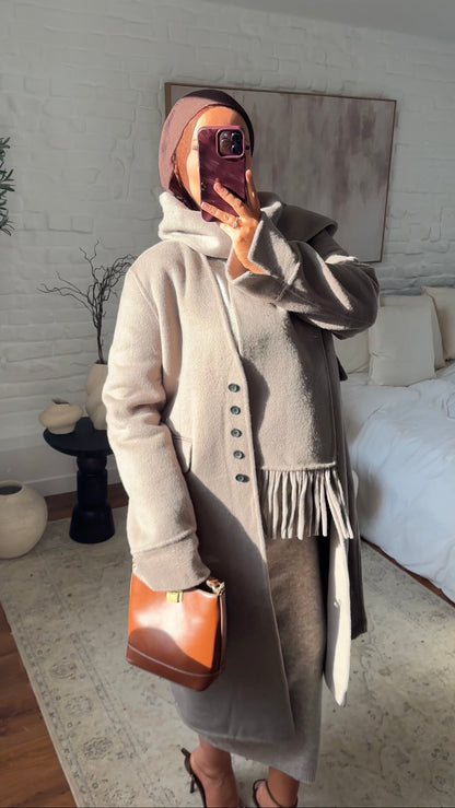 [GAMME LUXE] Manteau long ultra doux en laine véritable ultra chaud à écharpe | Beige