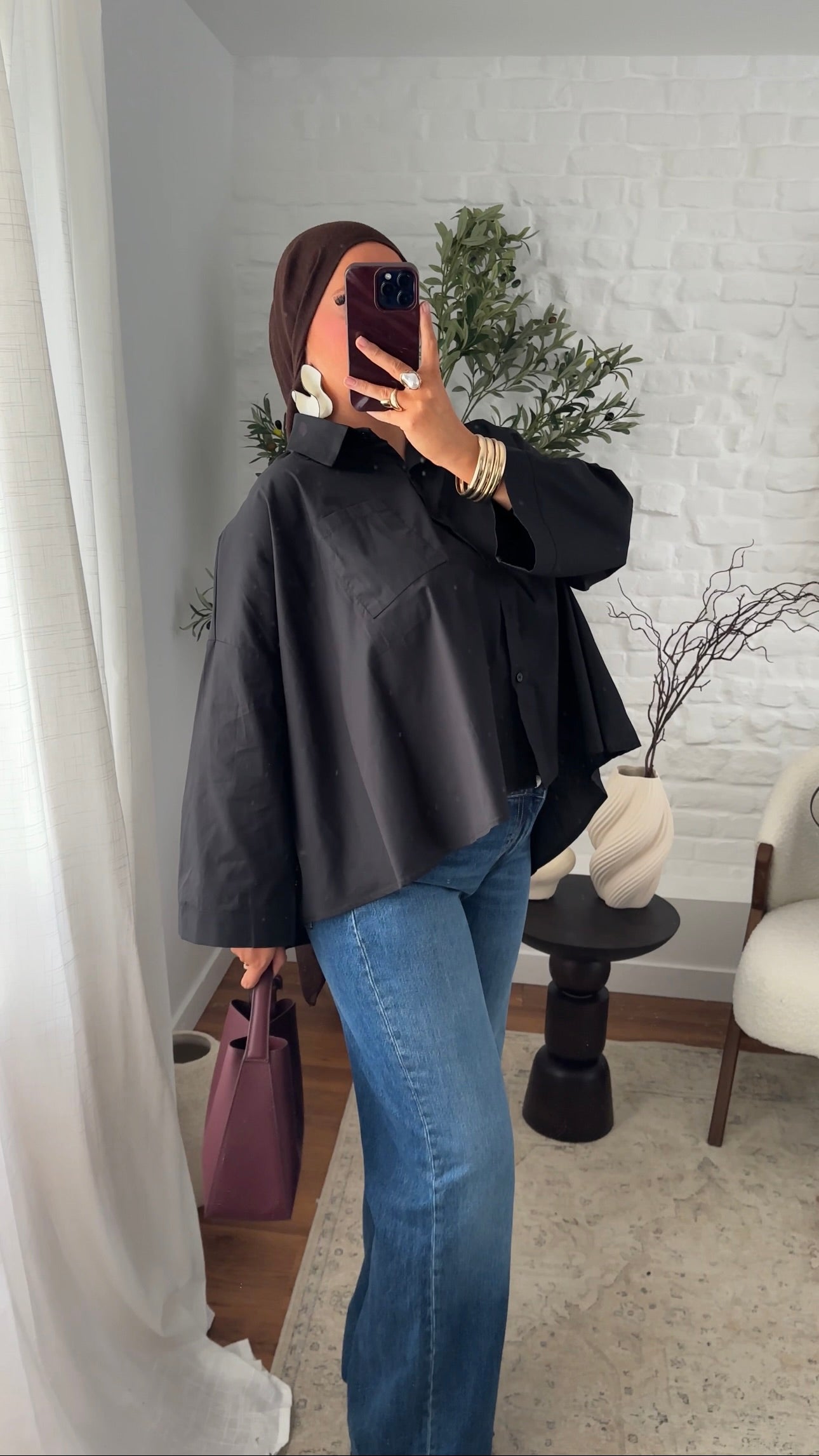 Chemise mi longue en coton | Noir