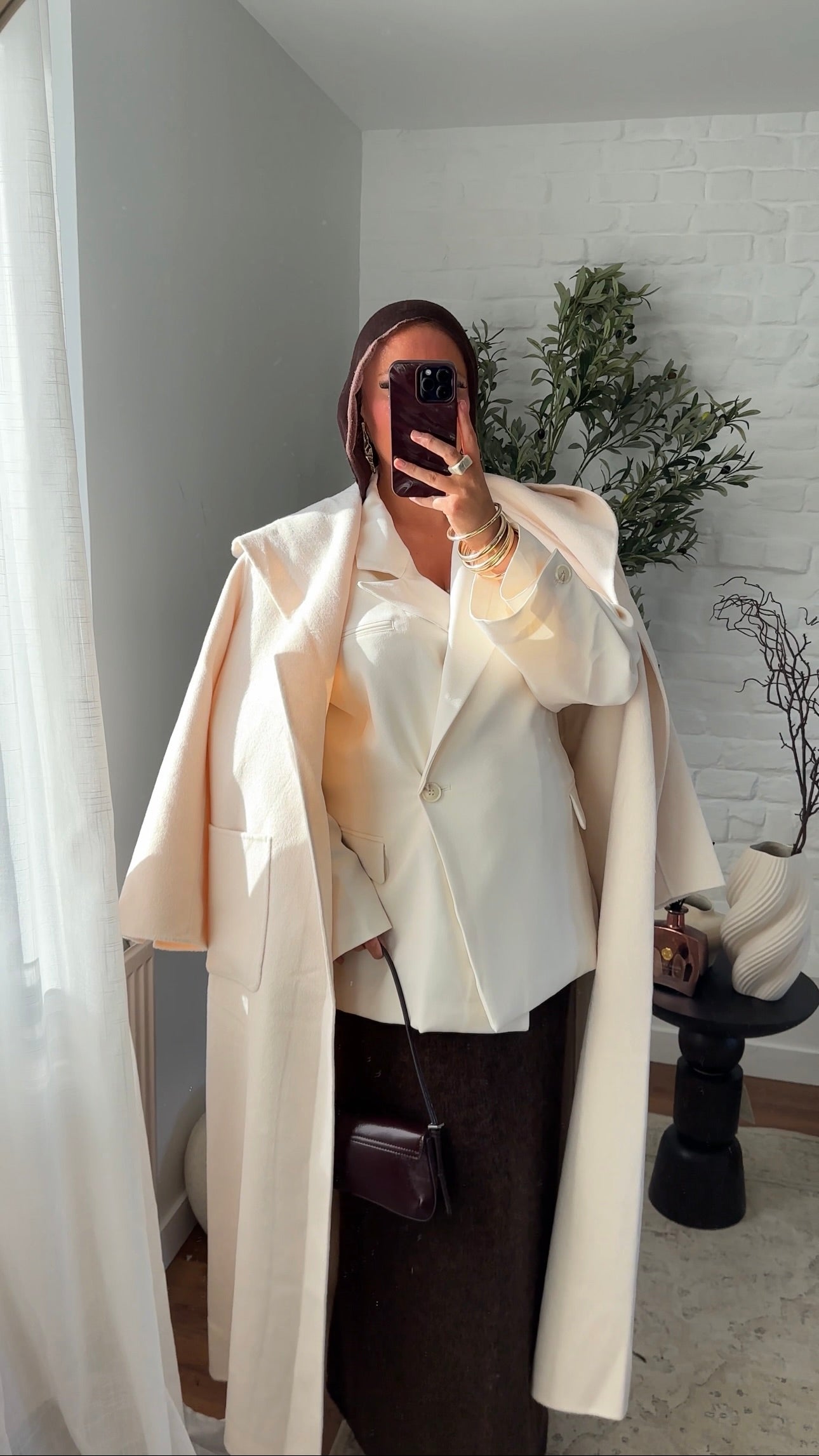 [GAMME LUXE] Manteau ultra long en laine véritable fait main à col | Écru