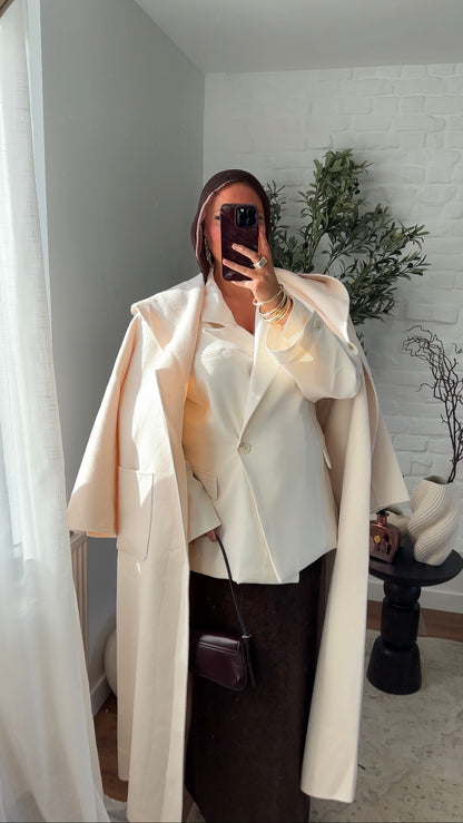[GAMME LUXE] Manteau ultra long en laine véritable fait main à col | Écru