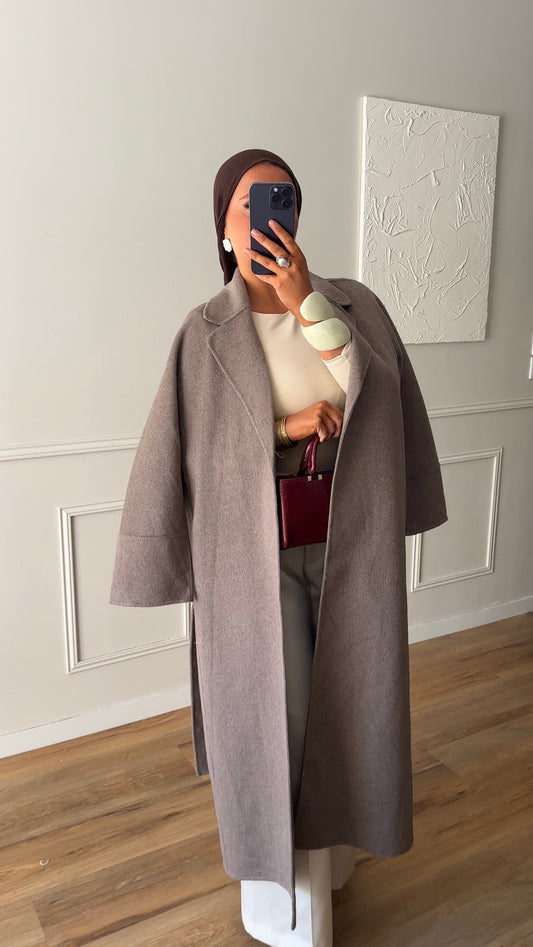 [GAMME LUXE] Manteau long en laine véritable fait main à ceinture | Taupe
