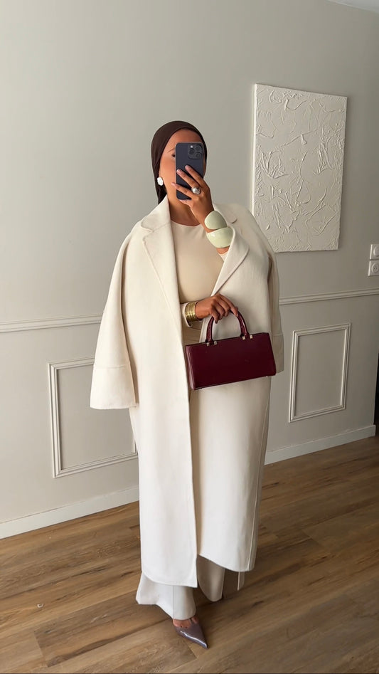 [GAMME PREMIUM] Manteau long en laine véritable fait main à ceinture | Écru