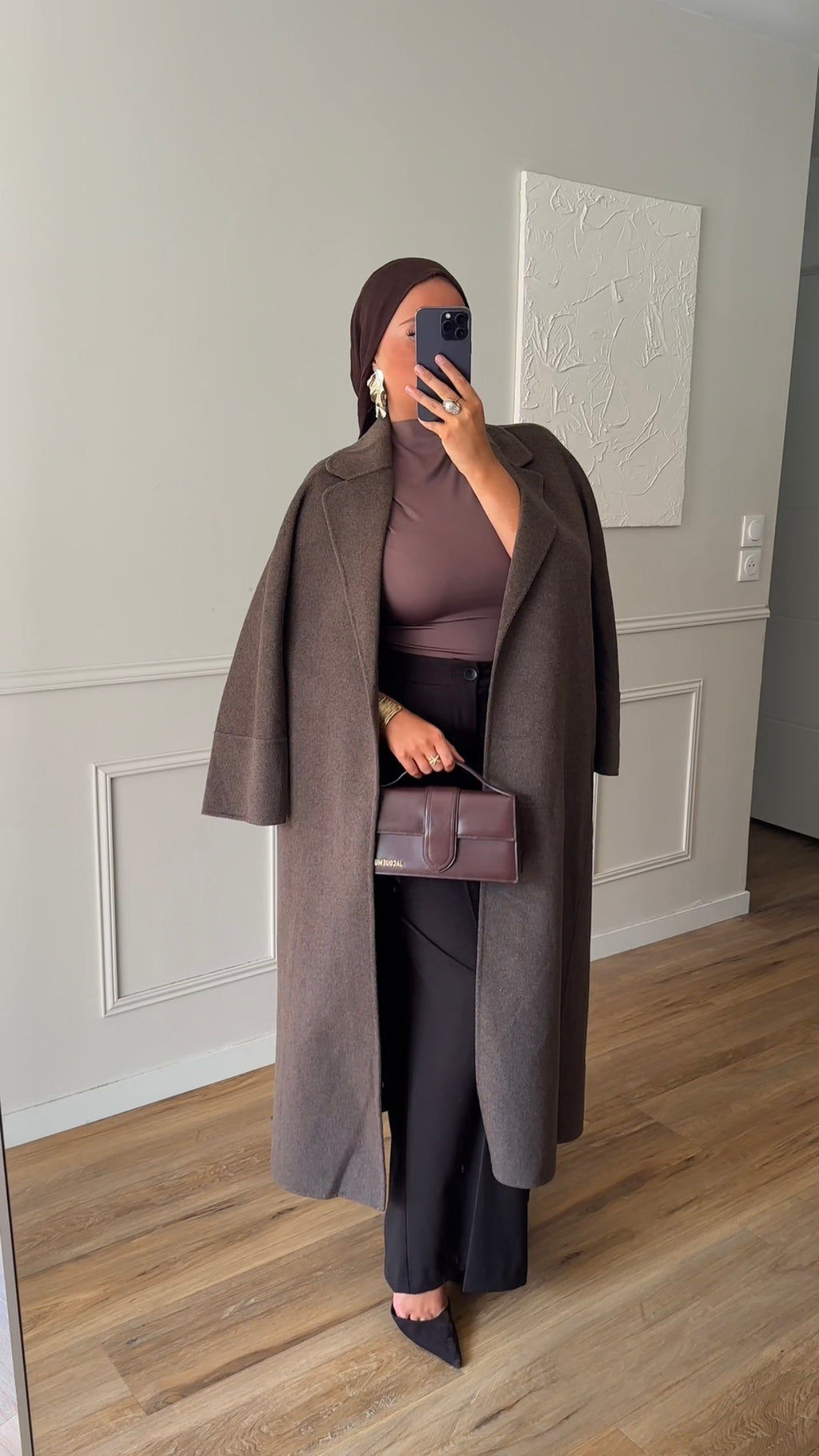 [GAMME LUXE] Manteau long en laine véritable fait main à ceinture | Marron