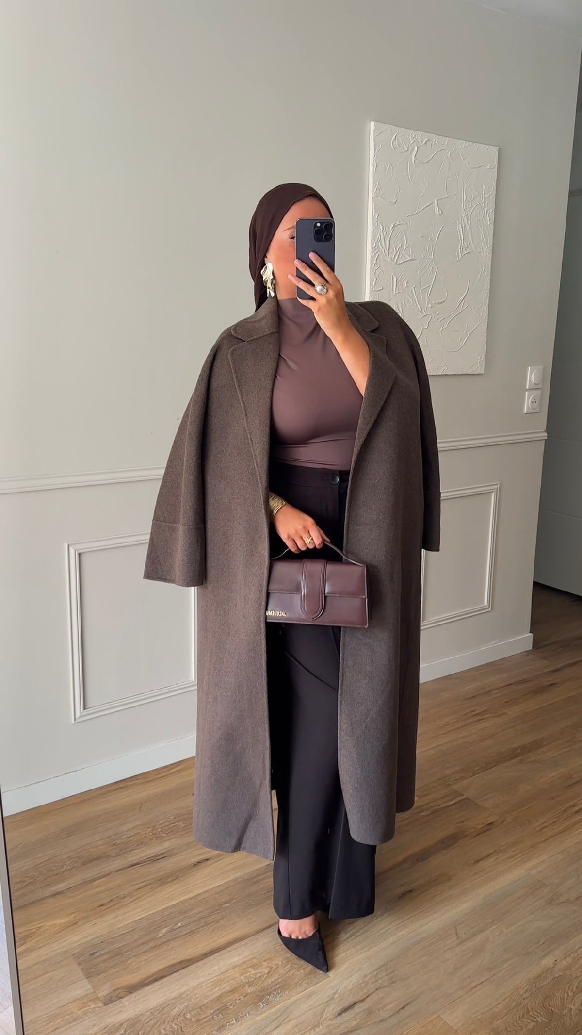 [GAMME LUXE] Manteau long en laine véritable fait main à ceinture | Marron