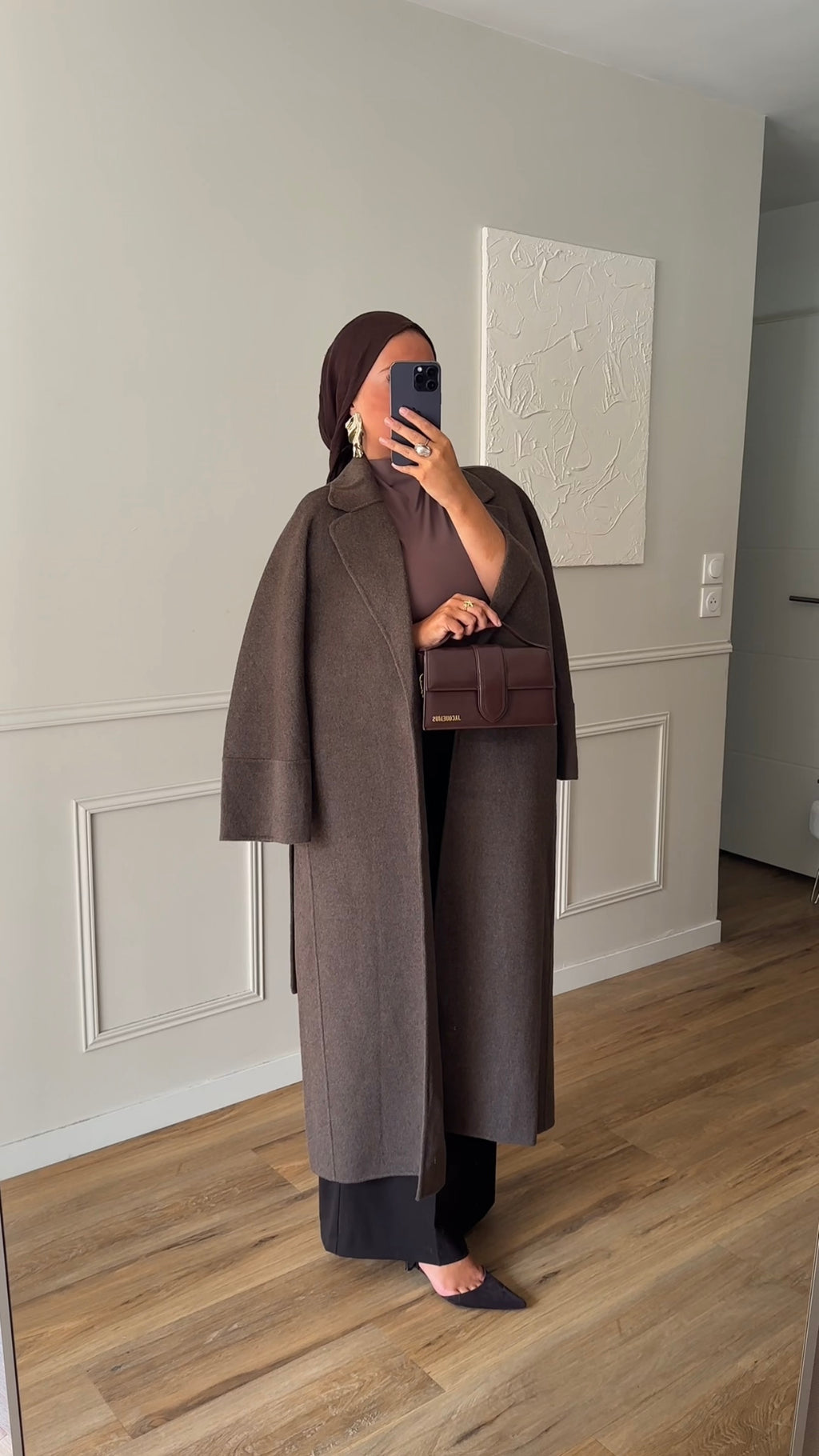 [GAMME LUXE] Manteau long en laine véritable fait main à ceinture | Marron