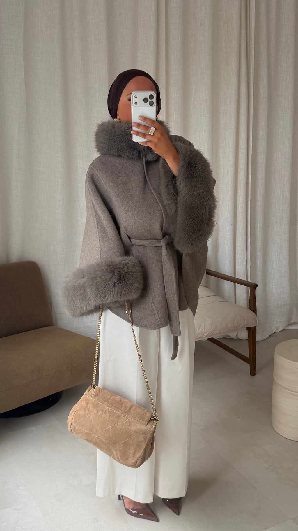 [GAMME LUXE] Manteau en laine à fourrure amovible cousu main | Taupe