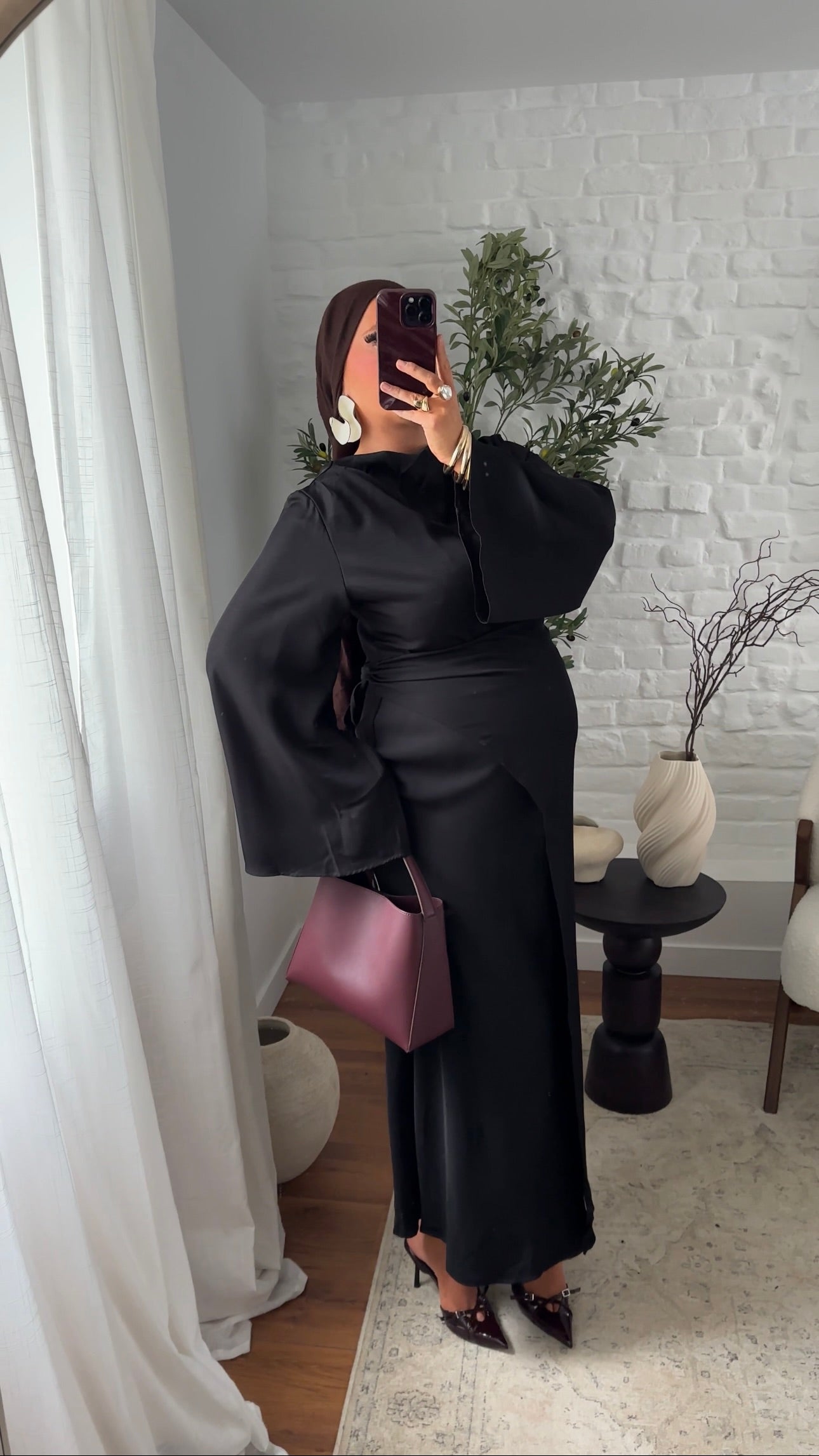 Robe longue satinée à nouer | Noir