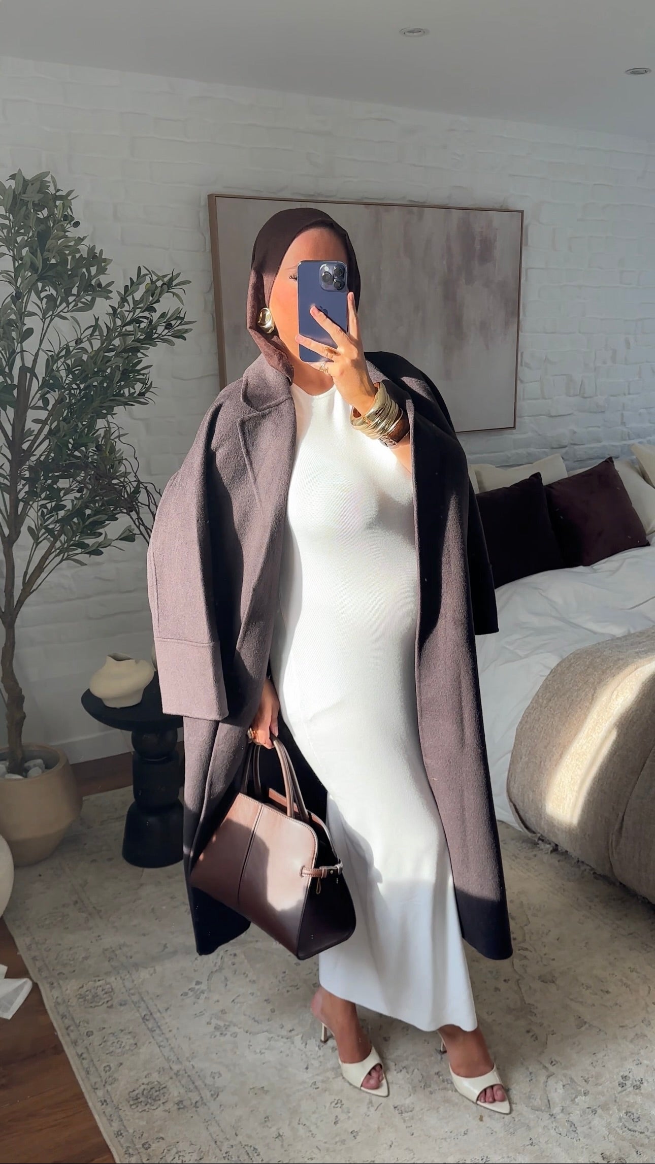 [GAMME PREMIUM] Manteau long en laine véritable fait main à ceinture | Marron dark chocolat