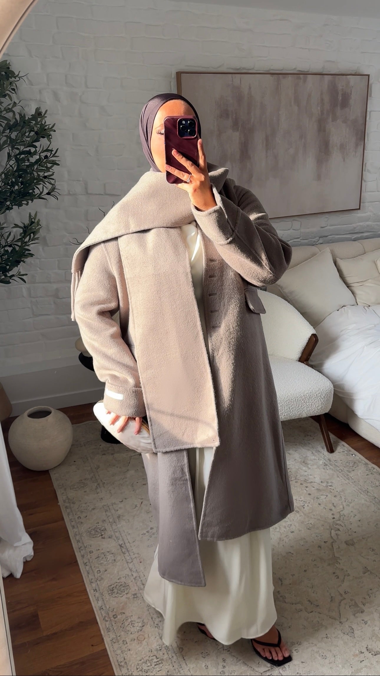 [GAMME LUXE] Manteau long ultra doux en laine véritable ultra chaud à écharpe | Beige