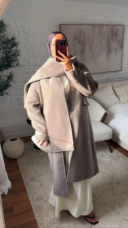 [GAMME LUXE] Manteau long ultra doux en laine véritable ultra chaud à écharpe | Beige