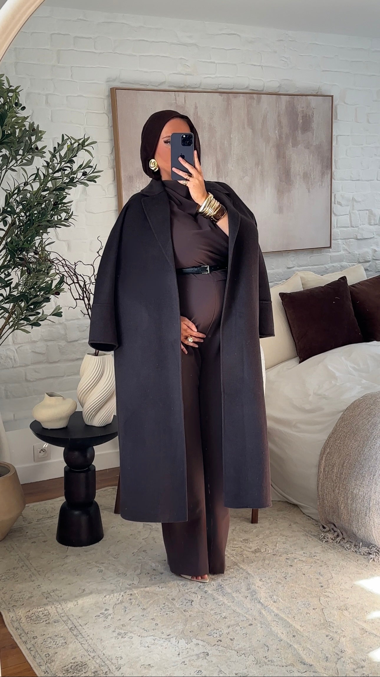 [GAMME PREMIUM] Manteau long en laine véritable fait main à ceinture | Marron dark chocolat