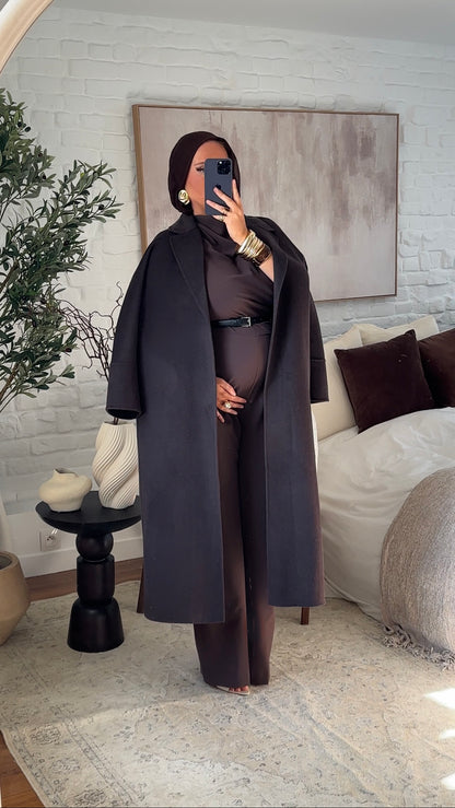 [GAMME PREMIUM] Manteau long en laine véritable fait main à ceinture | Marron dark chocolat