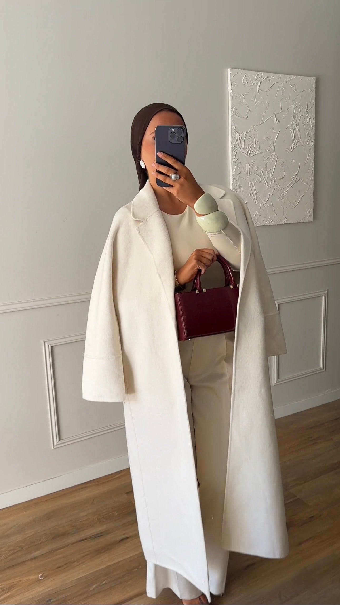 [GAMME PREMIUM] Manteau long en laine véritable fait main à ceinture | Écru