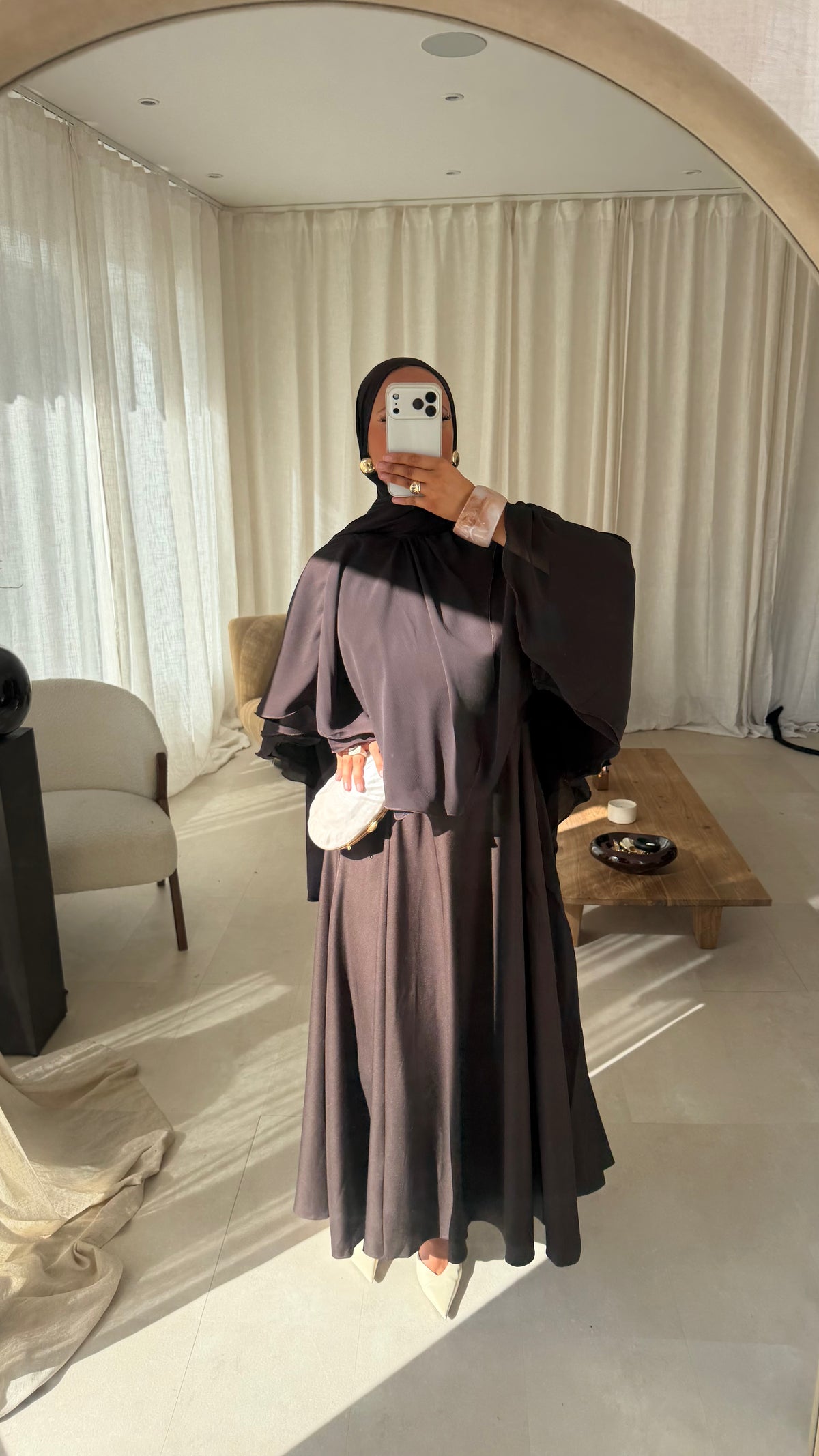 Robe ultra longue à manches courtes | Marron