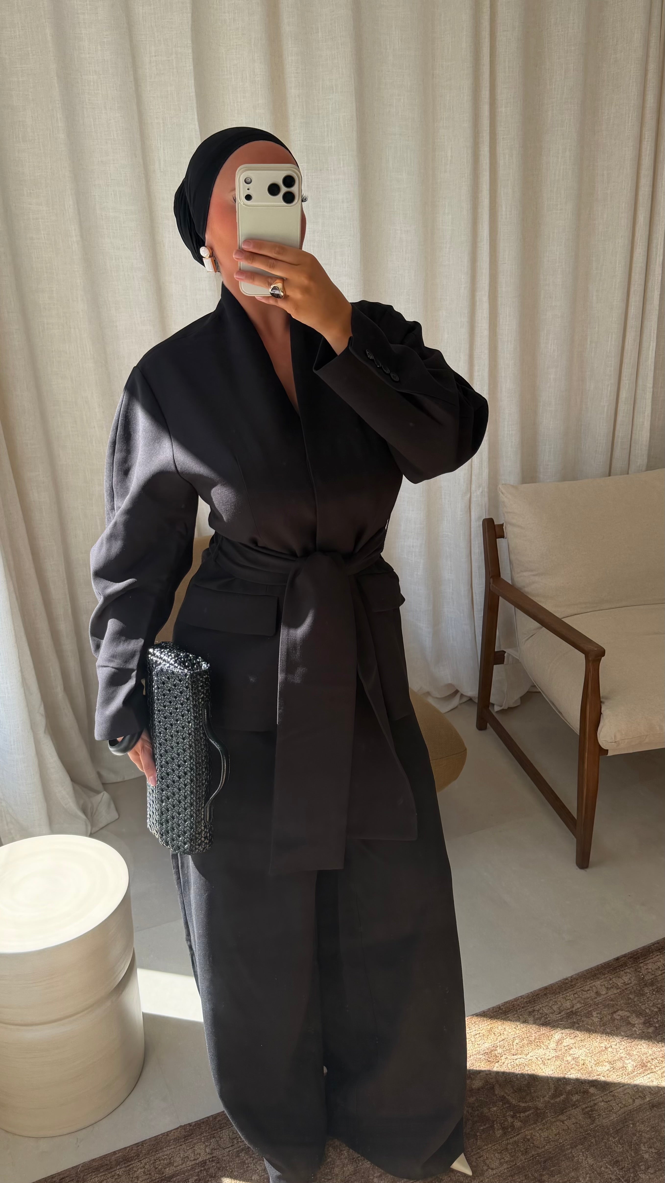 [GAMME LUXE] Blazer épais cintré et long à ceinture | Noir