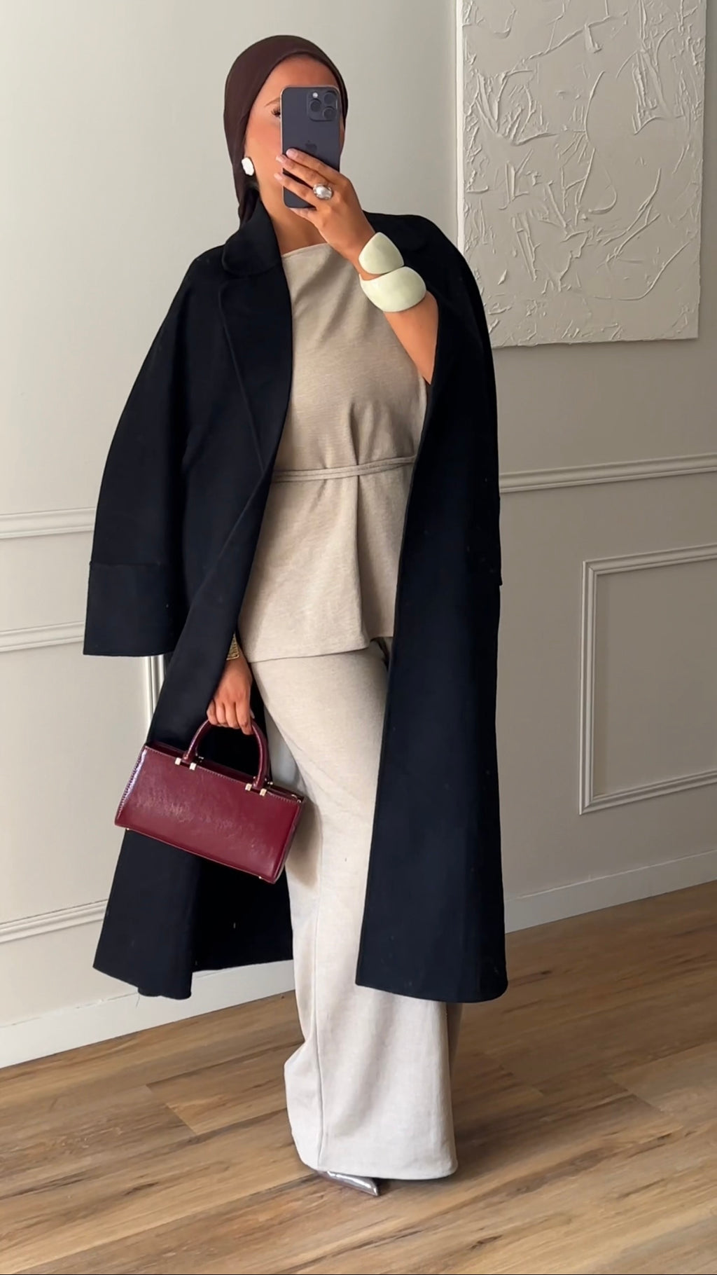 [GAMME PREMIUM] Manteau long en laine véritable fait main à ceinture | Noir