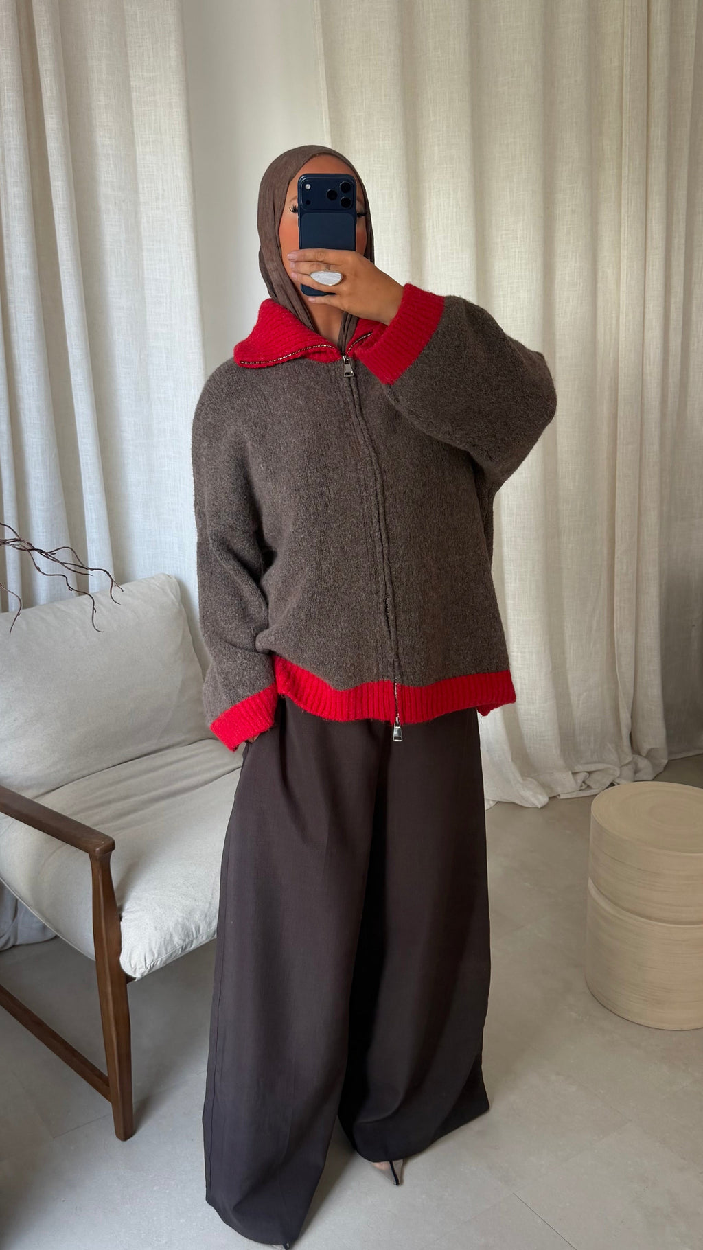 Pull ultra doux à zip bicolore MATHILDE | Camel et rouge