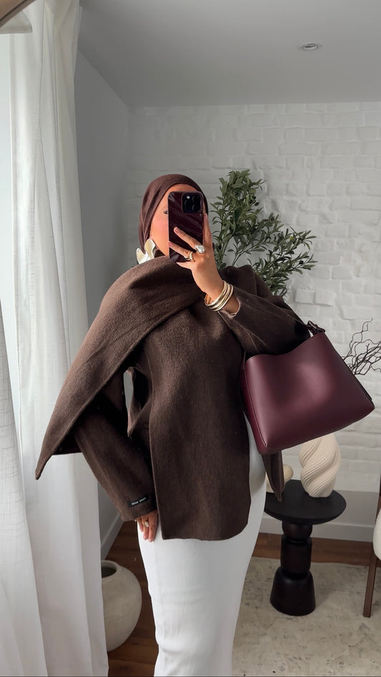 [GAMME LUXE] Manteau mi long en cachemire véritable à cape intégrée | Marron