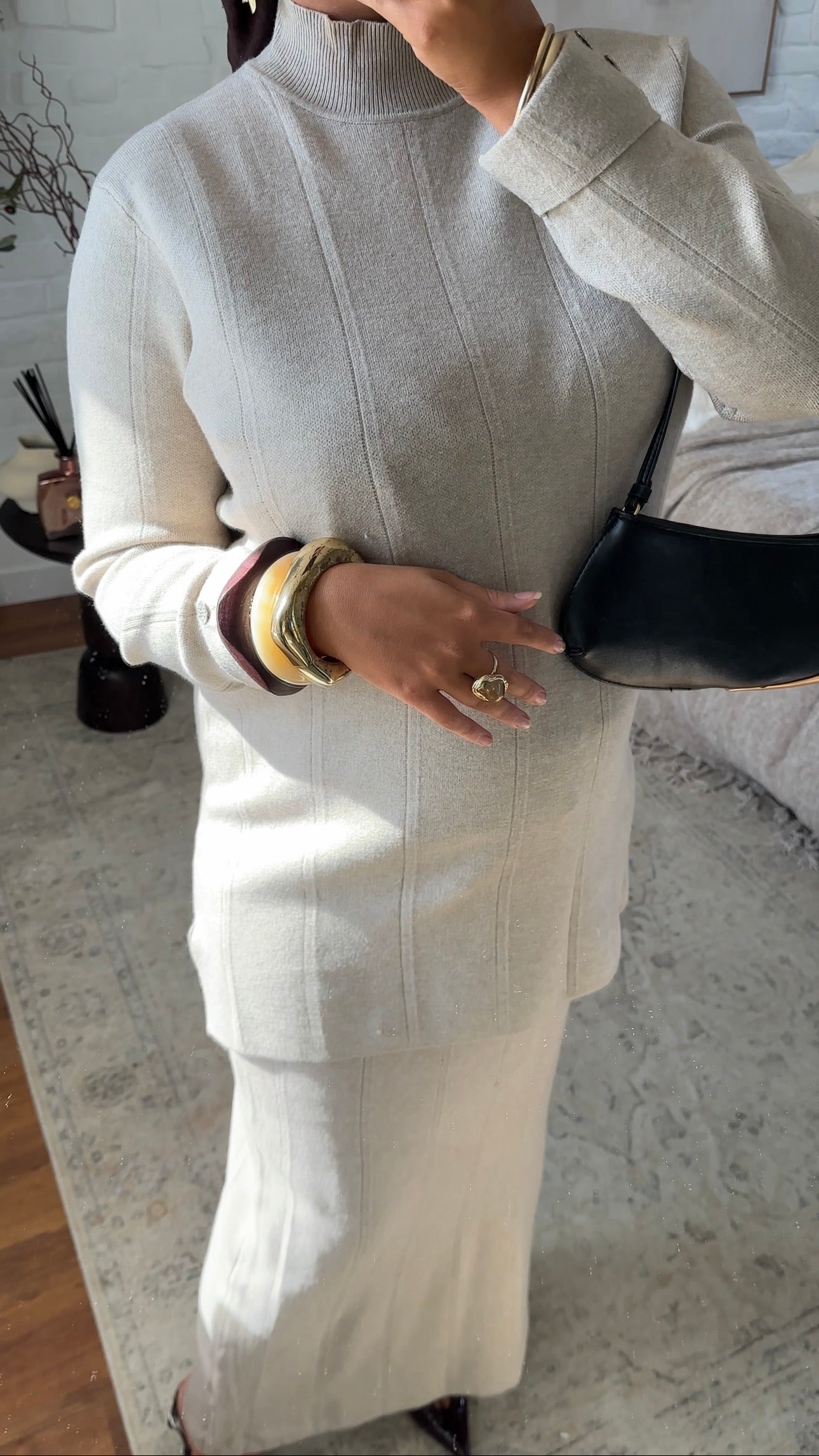 Ensemble comfy en maille à jupe longue et col montant | Beige