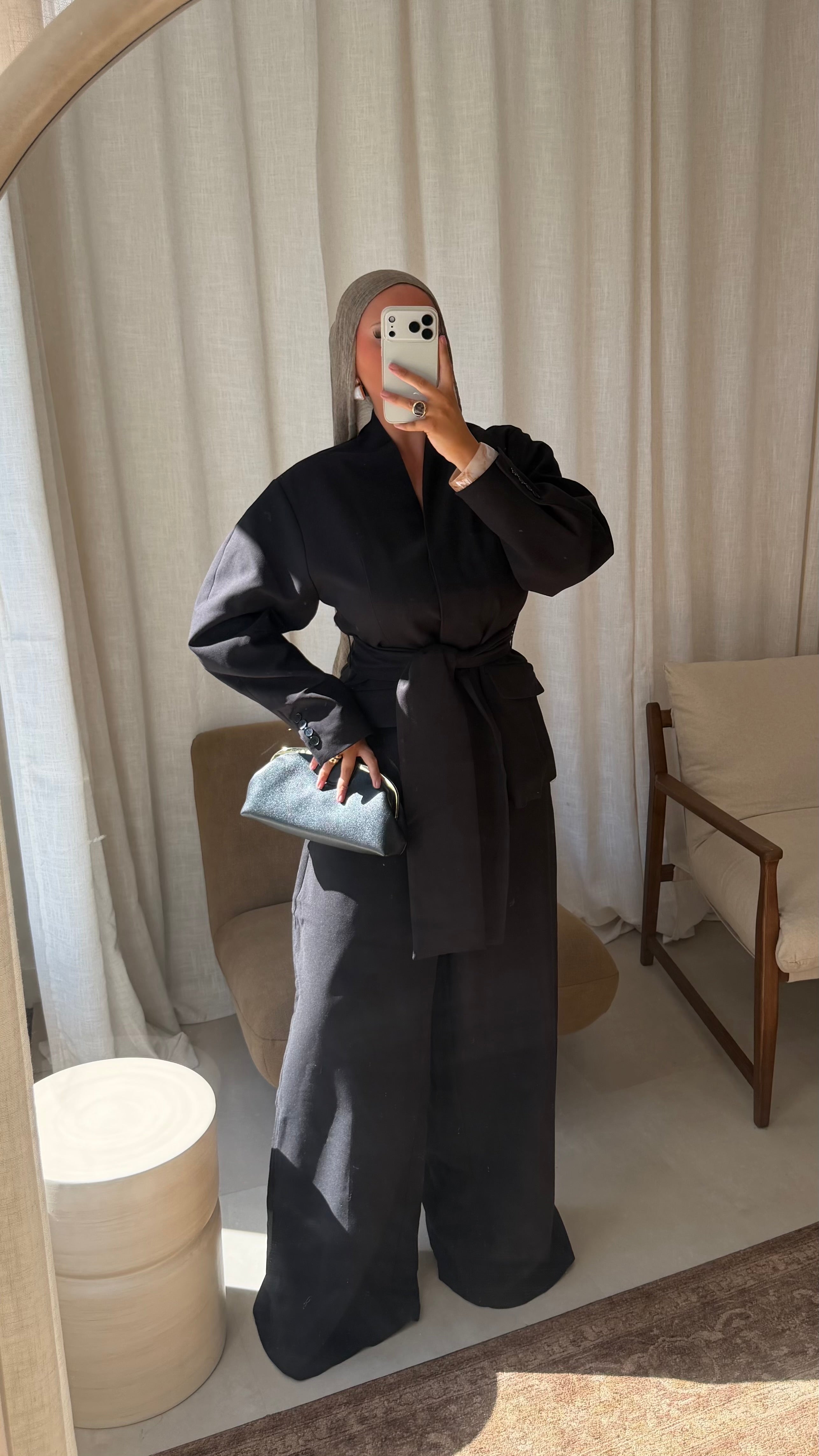 [GAMME LUXE] Blazer épais cintré et long à ceinture | Noir