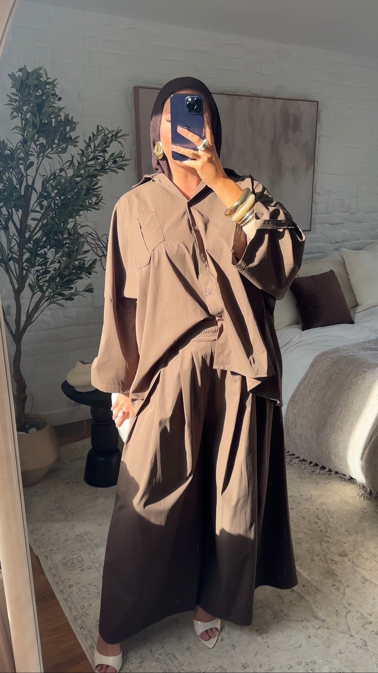 [GAMME LUXE] Chemise longue et large luxe en coton et satin | Marron