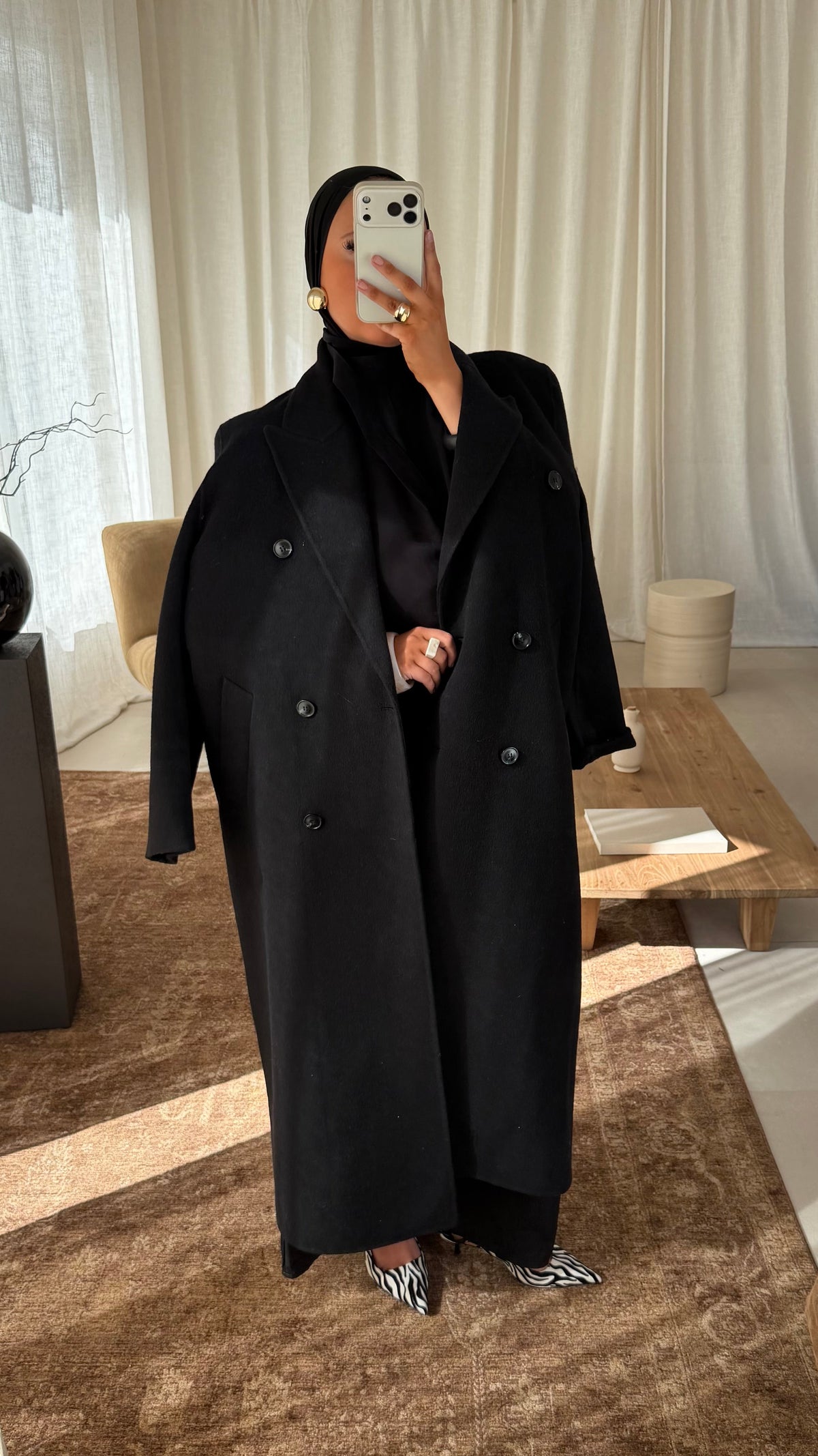 [GAMME LUXE] Manteau ultra long et large à épaulette en laine véritable cousu main | Noir