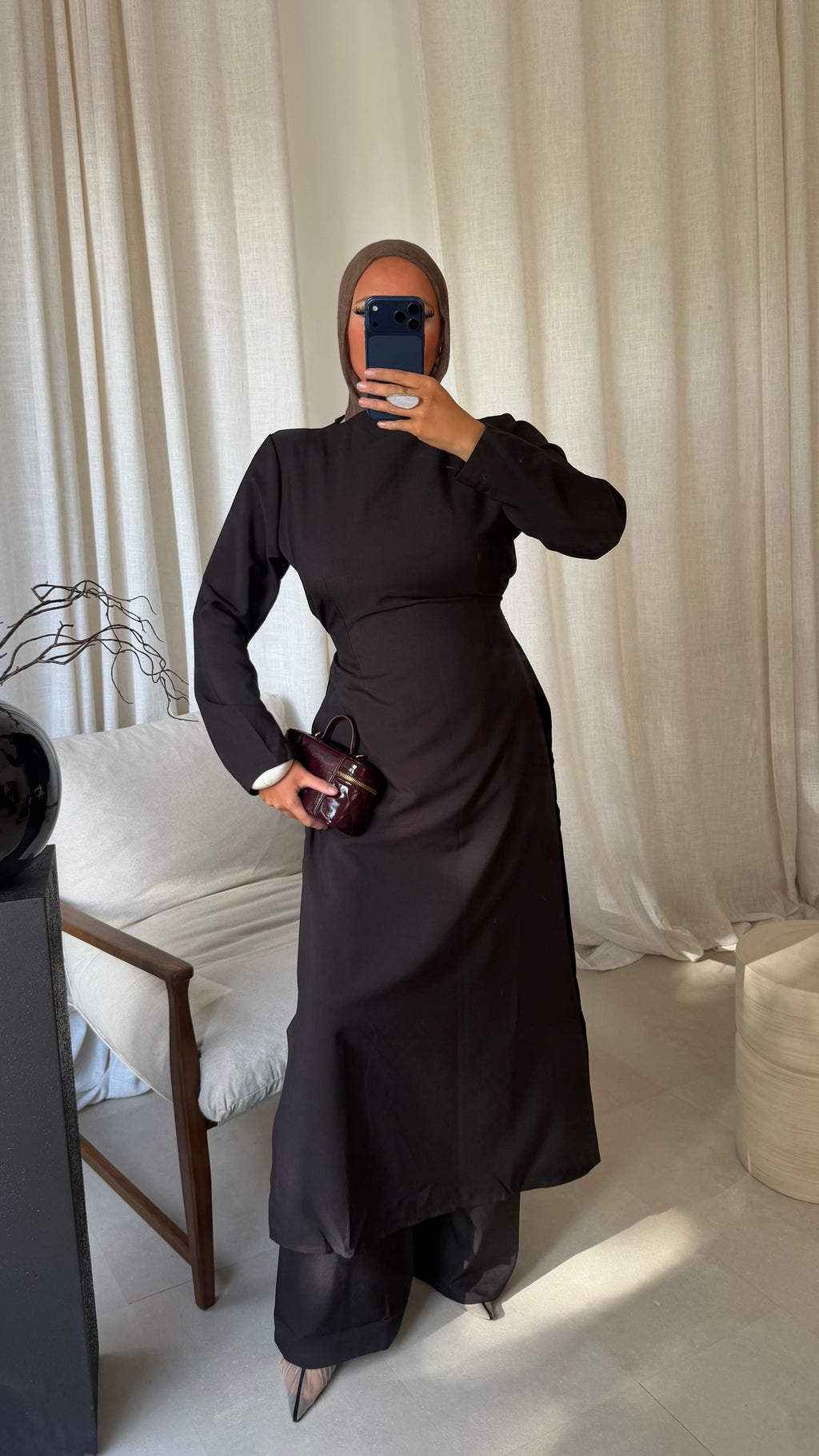 Ensemble deux pièces haut ultra long et pantalon ALBA | Marron