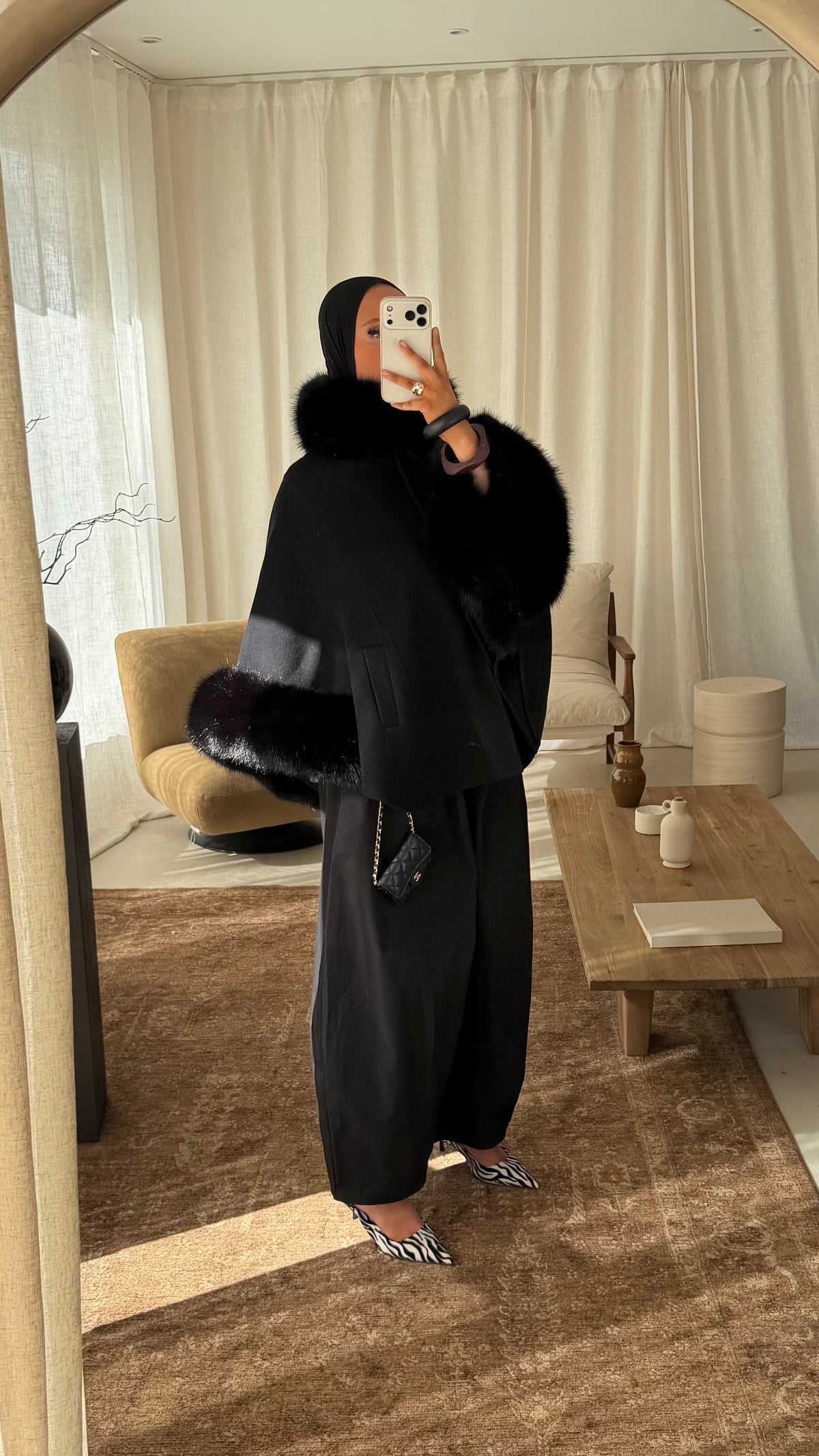 [GAMME LUXE] Manteau en laine à fourrure amovible cousu main | Noir